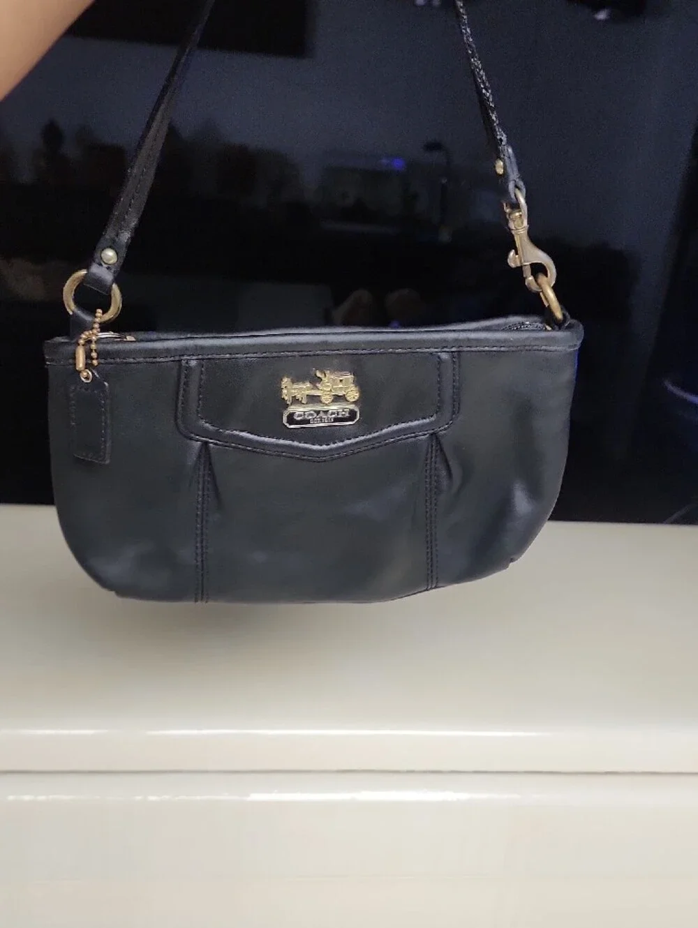 Coach Black Leather Shoulder Wristlet with Gold Hardware